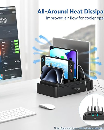 KDD Vertical Laptop Stand with Drawer - 7-in-1 Space-Saving Laptop Holder with Gravity Locking Fits MacBook, Dell, HP, Chromebook, Surface Pro, Tablet, Cell Phone, Switch, Keyboard Desktop Organizer
