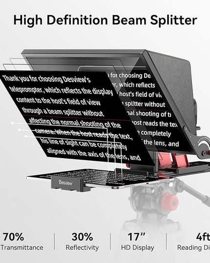 Desview P17 Teleprompter，17 inch Aluminum Alloy Liftable Teleprompter, High Display Glass, Compatible with iPad Tablet Phone DSLR Camera, No Assembly, Carry Case Included, Great for Video Making