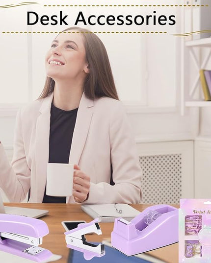 Office Supplies Set,Desk Accessories,Stapler and Tape Dispenser Set,1000 Staples,Staple Remover,Hinder Clips,Ruler,Scissor,Clear Tape,Ballpoint Pen,Sticky Notes,Gifts for Colleagues(Purple)
