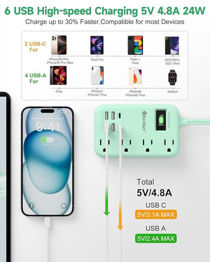 6 USB Green Travel Power Strip- 5Ft Green Extension Cord with 4.8A 2 USB C Charging Station and 4 Outlets, Cute Desk Accessories with Switch for Kawaii Pink Home Office College Dorm Room 24W