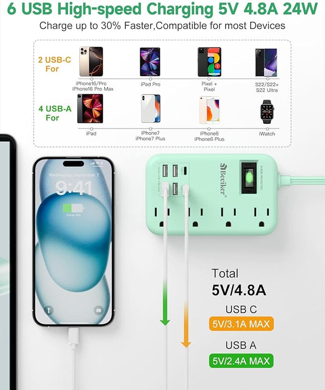 6 USB Green Travel Power Strip- 5Ft Green Extension Cord with 4.8A 2 USB C Charging Station and 4 Outlets, Cute Desk Accessories with Switch for Kawaii Pink Home Office College Dorm Room 24W