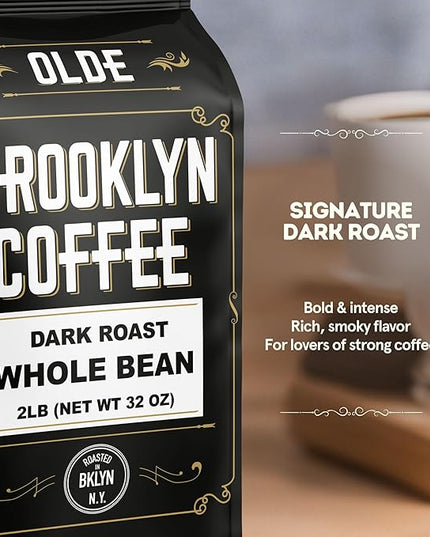 BROOKLYN COFFEE Whole Bean, Classic Dark Roast (2lb) Bold, Smooth Taste, Intense Aroma - Fresh Bulk Coffee Beans Roasted Weekly in NYC