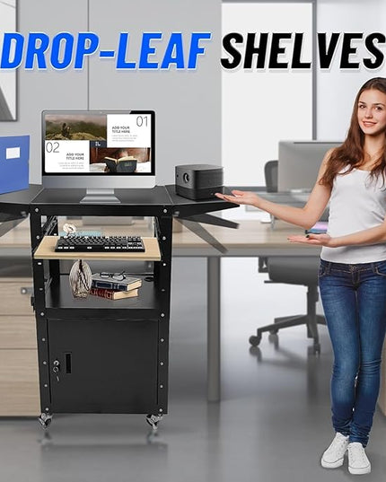 Upgraded AV Cart, Adjustable-Height Steel AV Cart with Locking Cabinet and Pullout Keyboard Tray, Rolling Media Cart with Wheels & Power for Computer Laptop Projector Printer (Black/43"x18"x43")