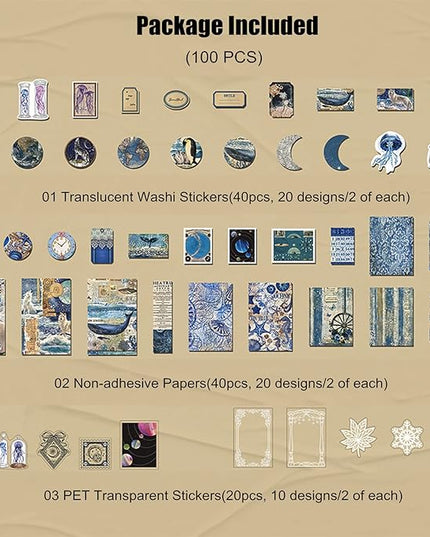 Esweny 100 PCS Vintage Ephemera Pack Journaling Scrapbooking Supplies Scrapbook Sticker Paper Kit for Junk Journal Planners Collage Craft Notebooks Decoupage Album (Ocean)