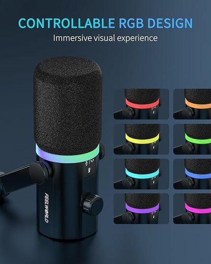 FEELWORLD PM1 XLR USB Dynamic Microphone with Desktop Stand Gifts for Podcast Recording PC Computer Gaming Live Streaming Vocal Voice-Over, Studio Metal Mic, RGB Light, Mute Button, Headphones Jack