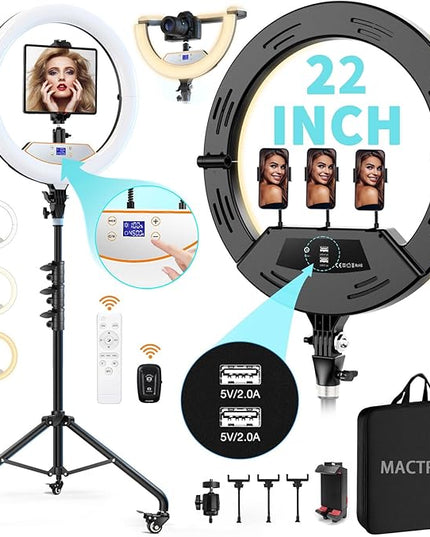 MACTREM 22" Foldable Ring Light with Stand for iPhone ipad, 75" Tripod with Wheels 50W 6500K LED Display/2 USB Ports Large Ringlight Rolling, Tattoo Barber Makeup Studio Video Photography Lighting