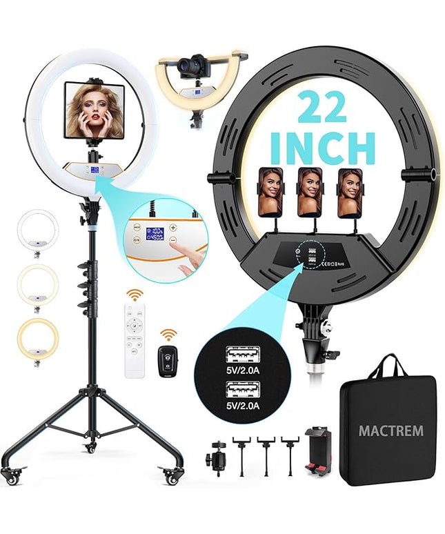 MACTREM 22" Foldable Ring Light with Stand for iPhone ipad, 75" Tripod with Wheels 50W 6500K LED Display/2 USB Ports Large Ringlight Rolling, Tattoo Barber Makeup Studio Video Photography Lighting