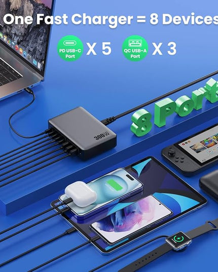 USB C Charger 300W USB C Charger Block, 8-Ports GaN IV Fast Charging Station Hub, Dual PD 100W Laptop Charger Adapter,for MacBook Pro/Air/iPad/iPhone16/15/14/Apple Watch/DELL/Samsung for Home Office