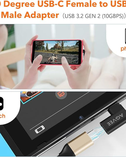 AGVEE 4 Pack Side Angle 90 Degree USB-C Male to USB-C Right Angled Female Adapter (Type-C 3.2 Gen 2) Converter Video Type-C 10G Data Extension Coupler Converter Connector, Black