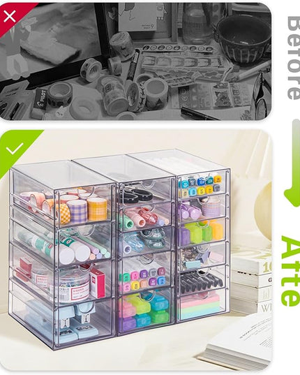 VZKAH Clear Acrylic Organizer with Drawers | 15-Drawer Desktop Unit | Makeup & Desk Organization and Storage Box for Office, Craft, Vanity Table, Bathroom, Home Essentials