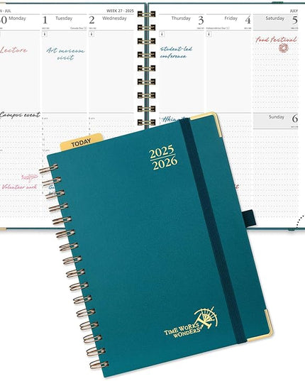 POPRUN Academic Planner 2025-2026 (July 2025-June 2026), Daily Weekly and Monthly Appointment Book (Wirebound Hard Cover - 6.25'' x 8.5'') with Hourly Time Slots, Tabs, 100 GSM - Pacific Green