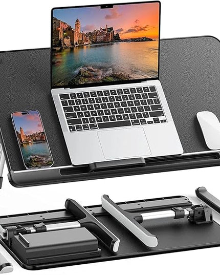 SAIJI Laptop Bed Tray Table, Adjustable PVC Leather Laptop Bed Table, Portable Standing Desk with Storage Drawer, Foldable Lap Tablet Table for Sofa Couch Floor (Dark Black)