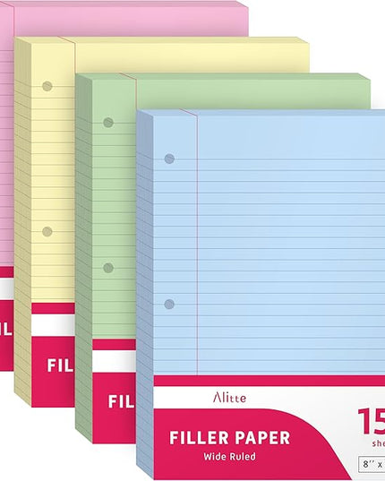 Colored Loose Leaf Paper, Wide Ruled, 400 Sheets (100/Pack) Filler Paper for Writing Notes - School, College, Office - 3 Hole-Punch Lined Sheets for Ring Binders, Pocket Folders - 8 x 10.5