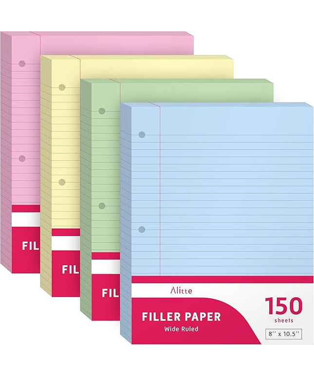 Colored Loose Leaf Paper, Wide Ruled, 400 Sheets (100/Pack) Filler Paper for Writing Notes - School, College, Office - 3 Hole-Punch Lined Sheets for Ring Binders, Pocket Folders - 8 x 10.5
