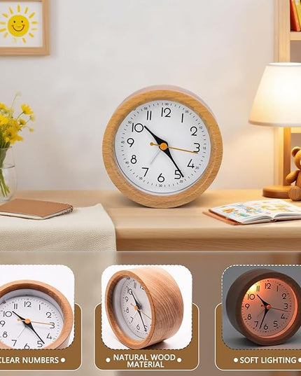 Oxmidud 4'' Natural Wooden Analog Alarm Clock with Soft Night Light - Battery Operated Non-Ticking Silent Tabletop Minimalist Desk & Bedside Clock for Bedrooms Living Room Home Office Decor
