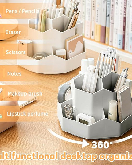 Pencil Pen Holder for Desk,9 Slots 360 Degree Rotating Desk Organizers,Desktop Storage Stationery Supplies Organizer, Cute Pencil Cup Pot For Office, School, Home(Grey)