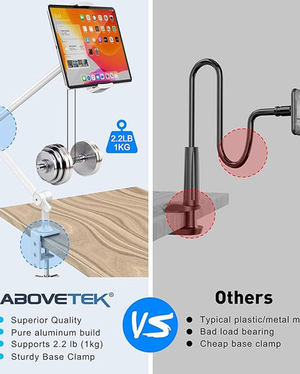 AboveTEK Tablet Stand Holder for Desk & Bed, Aluminum iPad Holder Arm with 360° Rotating Clamp, Adjustable Phone Stand Compatible with 4.7"-13.5" iPad Pro/Air/Mini, iPhone, Galaxy Tab- White
