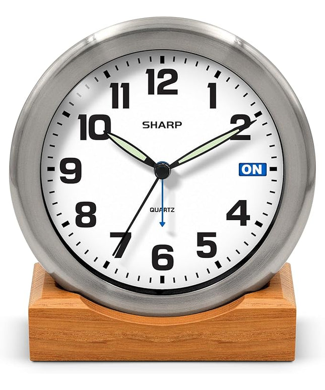 Sharp Silent Sweep Quartz Analog Desk Clock with Alarm Status Indicator on Dial, Brushed Metal Clock with Genuine Wood Stand, Great Gift for Home or Office