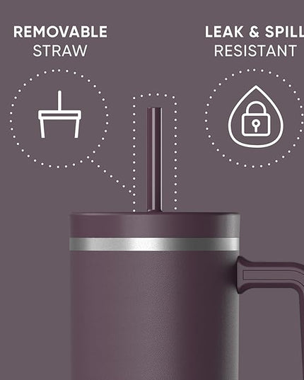 Hydrapeak Voyager 40 Oz Stainless Steel Tumbler with Handle, Insulated Water Bottle With Straw & Lid, Cupholder Friendly Reusable Travel Mug (Midnight Plum)