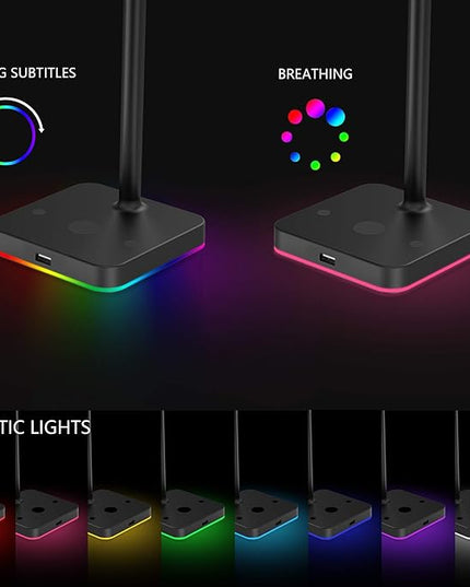 KAFRI RGB Headphone Stand with USB Hub Desk Gaming Headset Holder Hanger Rack with 1 USB2.0 Extension Charging Port Extender Cord - Suitable for Gamer Desktop Table Game Earphone Accessories, Black