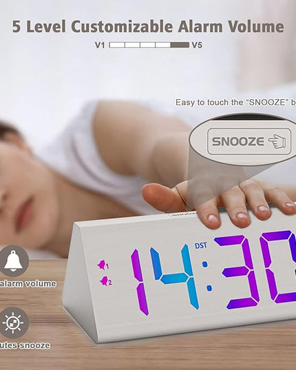 Wooden Digital Alarm Clock with Dual USB Charging Ports, DST, Dimmable, Snooze, RGB Colors, Modern Large Time Display LED Clock for Kids Bedrooms, Living Room, Desk, Table, Bedside, Nightstand (White)