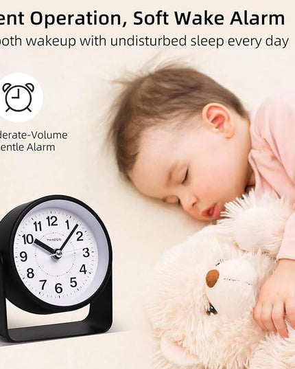 TIMESS Analog Alarm Clock, Silent Non-Ticking Quartz Movement, Battery-Operated with Snooze & On-Demand Light, Easy to Set Gentle Wake Bedside Desk Clock, Ideal for Home, Travel, Office (Black)