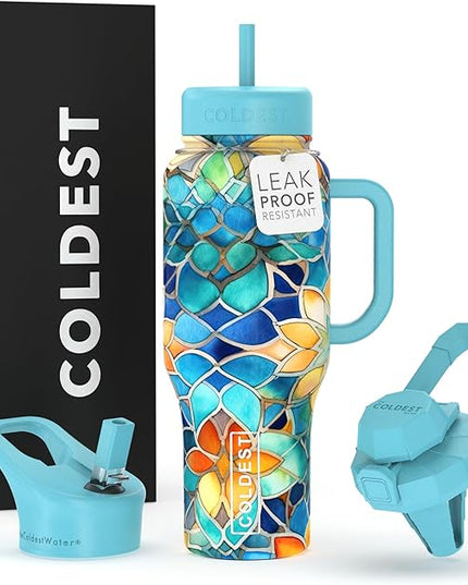 Coldest Tumbler with Handle and Straw, 100% Leak Proof Insulated Tumbler with Lid and Straw (3 Lids), Stainless Steel Tumblers for Women & Men, Cup Holder Friendly, 36 oz (Morrocan Vibes)