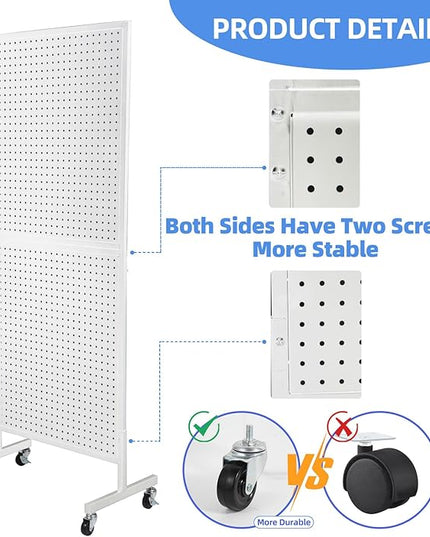 2'x 5' Standing Pegboard Display with T-Base, Pegboard Display Stand with Wheels, Metal Peg Board Display Rack, Art Display Stand, Extra 10 Pieces Hooks - White