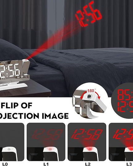 SZELAM Digital Clock,Alarm Clock Bedside with Projection,7.3" Mirror Clock with 180°Rotating Projector,Dual Alarm with 3 Mode,Brightnee Adjust,DST,Snooze,Charging Port,5 Levels Volume for Desk Teens
