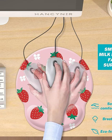 Pink Mouse Pad with Wrist Rest, Cute Strawberry Ergonomic Gel Mousepad Wrist Support, Computer Gaming Mouse Pad with Pain Relief Non-Slip PU Base for Desk Accessories Office Decor Supplies