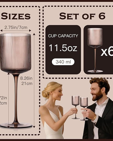 Smokey Gray Square Wine Glasses Set of 6, Elegant Ribbed Design Colored Crystal Glassware with Long Stem, 11.5oz Hand Blown Stemware For Red & White Wine Home Bar Party