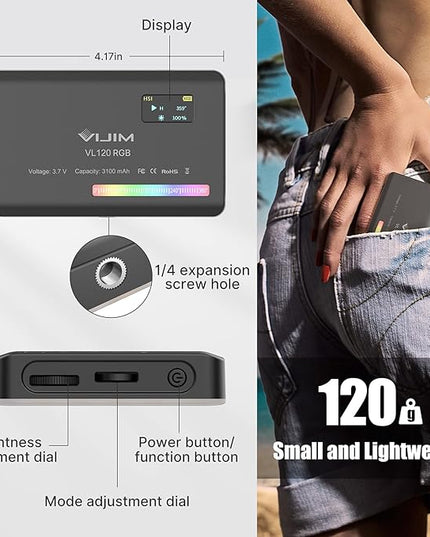 VIJIM VL120 RGB Video Light, Portable LED Camera Light Panel 0-360 Full Color, CRI 95+ 2500-9000K LED 3100mAh Rechargeable DSLR Lighting for Vlogging, Photography, Video Conference