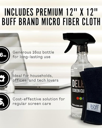 Delete Screen Cleaner Spray Kit, 16oz Bottle and 12"x12" Microfiber Cleaning Cloth, Streak-Free, Safe and Gentle Formula, Multi-Purpose for Devices, Large TVs, Computers, Monitors, Smart Phones