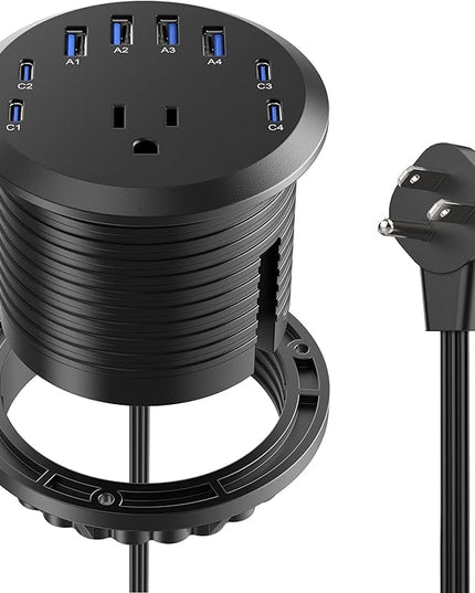 Jgstkcity 65W USB-C Hidden Desktop Power Grommet: 1 AC Outlet,8 USB Charging Ports,3'' Hole Flush Mount Pop-Up Power for Conference Tables & Nightstands (Black, 6 FT)