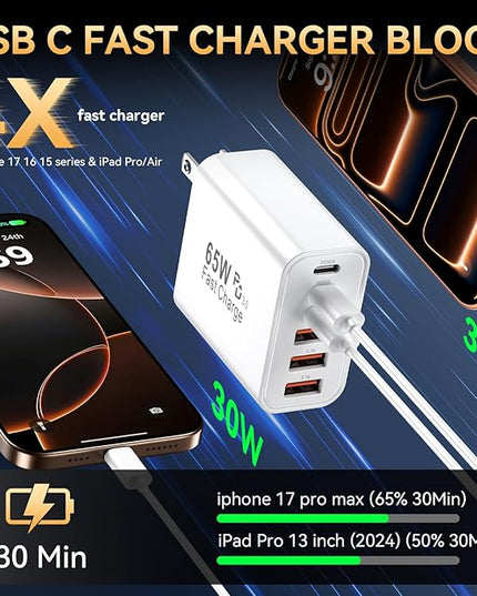 USB C Charger Block Fast Charging, iPhone Charger Blocks 65W Multi Port Charger 6-Ports PD & QC Charging Cube Brick Power Adapter Type C Wall Chargers for iPhone 17/16/15/14/13/12 Pro Max, iPad