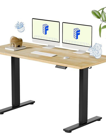 FLEXISPOT EN1 One-Piece Solid Wooden Standing Desk 55 x 24 Inches Height Adjustable Electric Sit Stand Home Office Desks (Black Frame + Rubber Wood Top, 2 Packages)