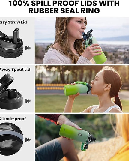 Insulated Water Bottle 32 oz, Triple Wall Vacuum Stainless Steel (Cold for 48 Hrs), Leak Proof & Non-BPA, Modern Water Flask Jug with Paracord Handle & Straw Spout Lids, Ombre Green