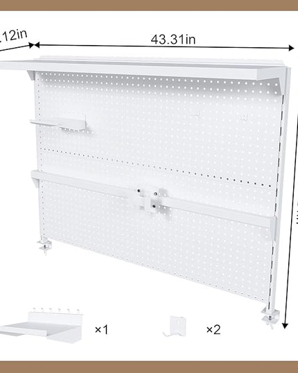 KEIKI Clamp-On Desk Pegboard with Single Monitor Stand, 43" x 35" Steel Peg Board Office Organizer with Hooks, Movable Panel & Shelf for Office Supplies, Gaming Setup & Desk Organization, White