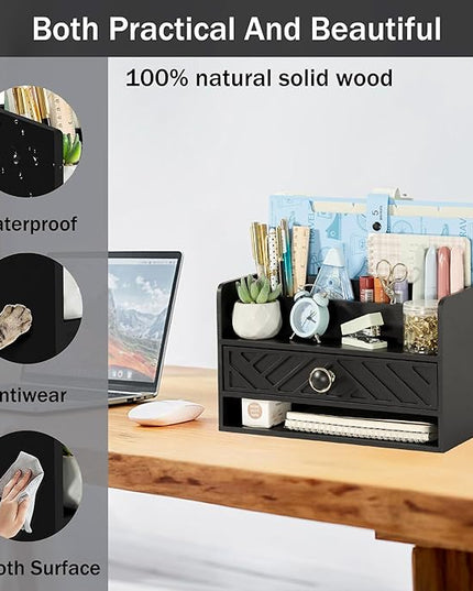 dreampossible Black Wood Desk Organizer and Accessories with Drawer, Bill Mail Organizer and File Mail Holder for Office Supplies, Desk Accessories & Workspace Organizers for Desk Organization
