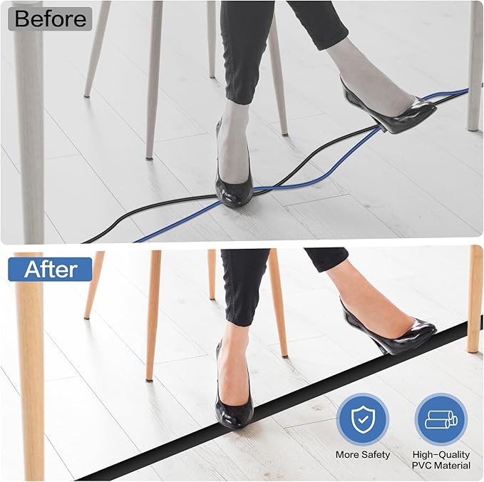 Floor Cord Cover Self Adhesive Cord Hider Floor Extension Cord Covers for Floor Power Cord Protector Cable Management Prevent Cable Trips Cable Cavity 0.32" W x 0.32" H (Black, 3.3Ft)
