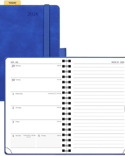 POPRUN 2026 Planner Weekly Notebook (Jan-Dec), Small Size 4''x 6.25'' - 2026 Pocket Calendar for Purse with Spiral Soft Cover, Plastic Ruler, Inner Pocket, 100 GSM - Royal Blue