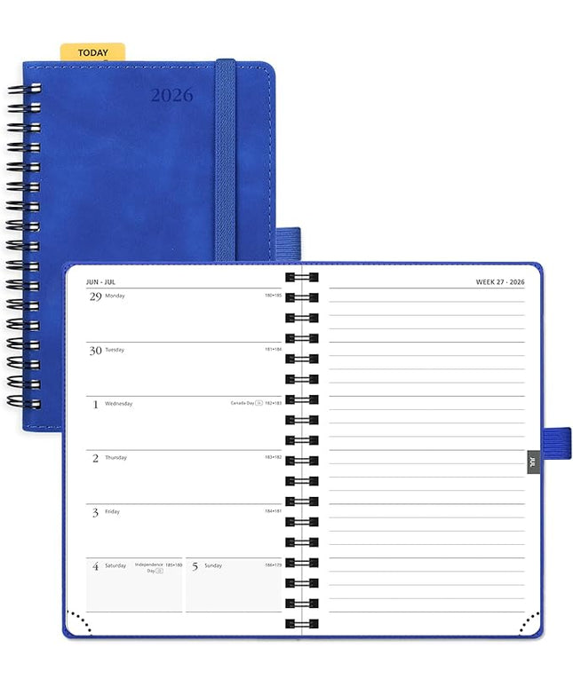 POPRUN 2026 Planner Weekly Notebook (Jan-Dec), Small Size 4''x 6.25'' - 2026 Pocket Calendar for Purse with Spiral Soft Cover, Plastic Ruler, Inner Pocket, 100 GSM - Royal Blue