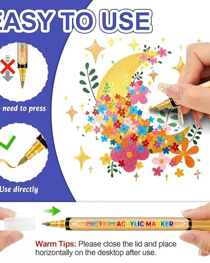 Betem 30 Metallic Acrylic Paint Markers, Dual Tip Acrylic Paint Pens with Brush Tip and Fine Tip, Art Supplies for Rock Painting, Wood, Stone, Glass, Ceramic, DIY Crafts Making Drawing Kit