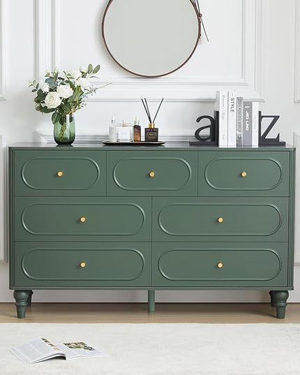 ORRD Fluted 7 Drawer Dresser for Bedroom, Modern Mid Century Chest of Drawers, Wood Storage Large Dresser Organizer for Bedroom Living Room Closet Hallway, Green