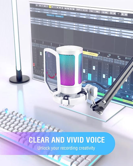 FIFINE AmpliGame USB Microphone, PC Gaming Recording Desktop Laptop Mic, RGB Streaming Podcasting Condenser Mic for Online Game, Vocal, with Mute Button, Gain Knob, Tripod Stand-A6V White