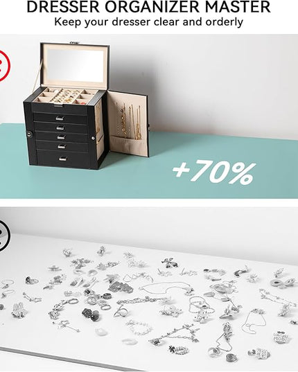 Frebeauty Large Jewelry Box,6-Tier PU Leather Jewelry Organizer,Multi-functional Storage Case with Mirror,Accessories Holder with 5 Drawers for Necklace Bracelets Watches(Black)
