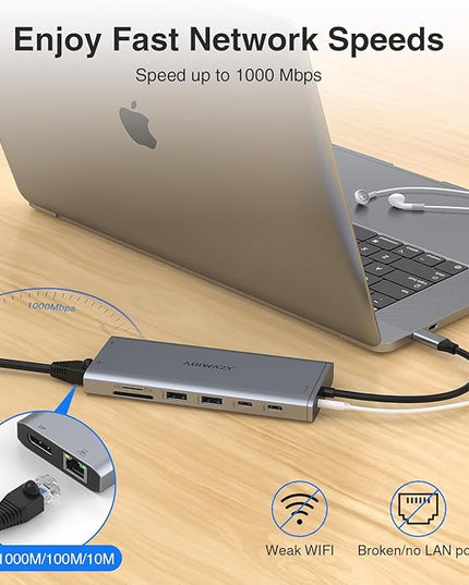 USB C Hub USB-C Docking Station Dual Monitor 14 in 1 Triple Display Multiport Adapter with 2 HDMI+DP+7 USB Type C/A Ports+Ethernet+Audio, USBC Dongle for Dell/HP/Lenovo ThinkPad/Surface(Grey)