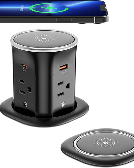 Jgstkcity Pop Up Countertop Outlet with 15W Wireless Charger,20W USB C Ports,Flush Mount Tamper Resistant,Recessed Grommet Receptacle,4 USB 4 Outlets,15A,1875W,ETL Listed,3.15in Hole,Black