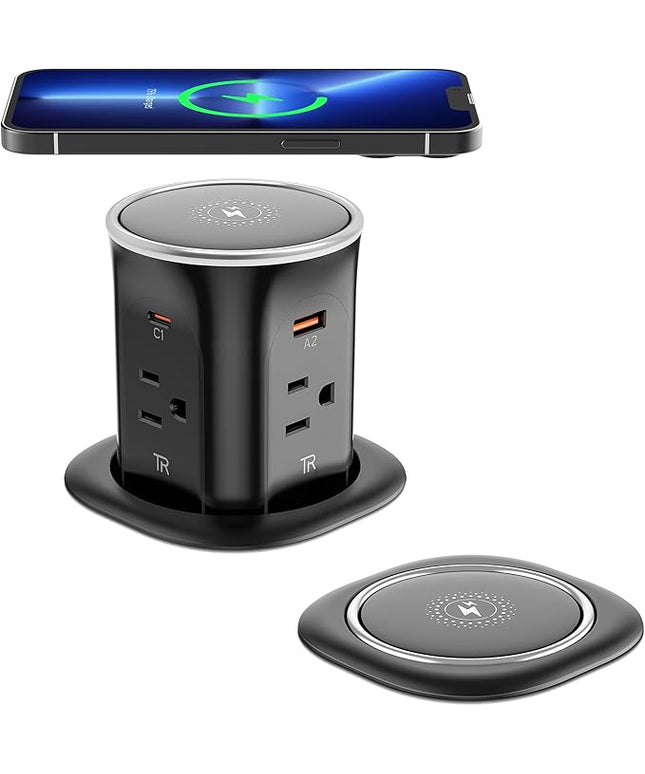 Jgstkcity Pop Up Countertop Outlet with 15W Wireless Charger,20W USB C Ports,Flush Mount Tamper Resistant,Recessed Grommet Receptacle,4 USB 4 Outlets,15A,1875W,ETL Listed,3.15in Hole,Black