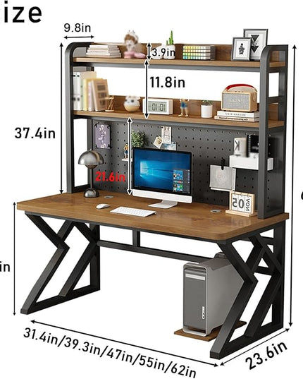 47in Gaming Desk with Bookshelf Combo, Computer Desk with Pegboard, Large Writing Table with Desktop Shelves, Ample Leg Room, for Home Office (Black, 47in)